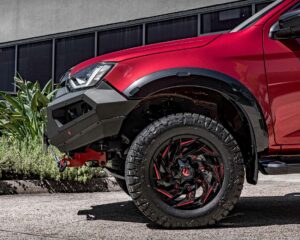 dmax bull bar, front bar, front bumper bar, supreme x-series front bar for Isuzu DMAX with light bar, cube lights, indicator, fog lights, bash plate, recovery points, winch compatible full bumper replacement