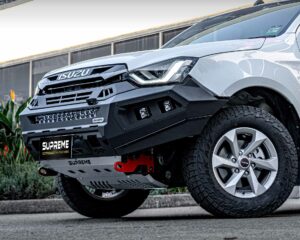 dmax bull bar, front bar, front bumper bar, supreme x-series front bar for Isuzu DMAX with light bar, cube lights, indicator, fog lights, bash plate, recovery points, winch compatible full bumper replacement
