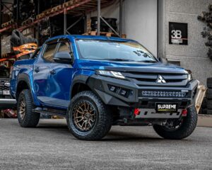 triton bull bar, front bar, front bumper bar, supreme x-series front bar for Mitsubishi Triton MR with light bar, cube lights, indicator, fog lights, bash plate, recovery points, winch compatible full bumper replacement with colour coded