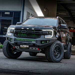 bull bar, front bar, front bumper bar, supreme x-series front bar for Ford Next GEN Everest with light bar, cube lights, indicator, fog lights, bash plate, recovery points, winch compatible full bumper replacement