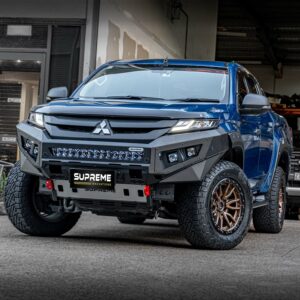 triton bull bar, front bar, front bumper bar, supreme x-series front bar for Mitsubishi Triton MR with light bar, cube lights, indicator, fog lights, bash plate, recovery points, winch compatible full bumper replacement with colour coded