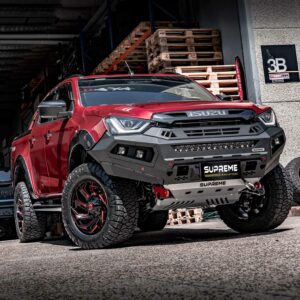 dmax bull bar, front bar, front bumper bar, supreme x-series front bar for Isuzu DMAX with light bar, cube lights, indicator, fog lights, bash plate, recovery points, winch compatible full bumper replacement