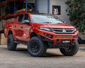 triton bull bar, front bar, front bumper bar, supreme x-series front bar for Mitsubishi Triton MR with light bar, cube lights, indicator, fog lights, bash plate, recovery points, winch compatible full bumper replacement with colour coded