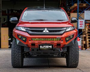 triton bull bar, front bar, front bumper bar, supreme x-series front bar for Mitsubishi Triton MR with light bar, cube lights, indicator, fog lights, bash plate, recovery points, winch compatible full bumper replacement with colour coded