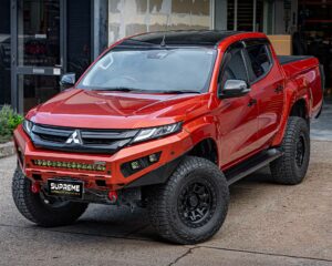 triton bull bar, front bar, front bumper bar, supreme x-series front bar for Mitsubishi Triton MR with light bar, cube lights, indicator, fog lights, bash plate, recovery points, winch compatible full bumper replacement with colour coded