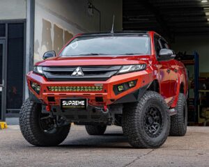 triton bull bar, front bar, front bumper bar, supreme x-series front bar for Mitsubishi Triton MR with light bar, cube lights, indicator, fog lights, bash plate, recovery points, winch compatible full bumper replacement with colour coded