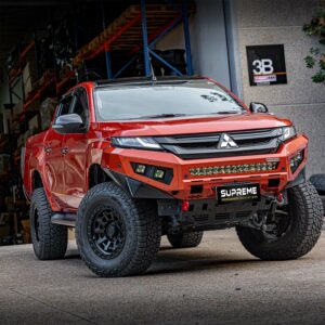 triton bull bar, front bar, front bumper bar, supreme x-series front bar for Mitsubishi Triton MR with light bar, cube lights, indicator, fog lights, bash plate, recovery points, winch compatible full bumper replacement with colour coded