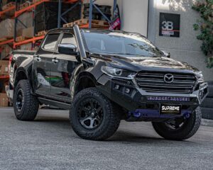 bt50 bull bar, front bar, front bumper bar, supreme x-series front bar for Mazda BT50 with light bar, cube lights, indicator, fog lights, bash plate, recovery points, winch compatible full bumper replacement