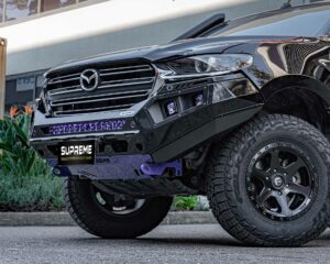 bt50 bull bar, front bar, front bumper bar, supreme x-series front bar for Mazda BT50 with light bar, cube lights, indicator, fog lights, bash plate, recovery points, winch compatible full bumper replacement