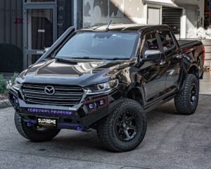 bt50 bull bar, front bar, front bumper bar, supreme x-series front bar for Mazda BT50 with light bar, cube lights, indicator, fog lights, bash plate, recovery points, winch compatible full bumper replacement