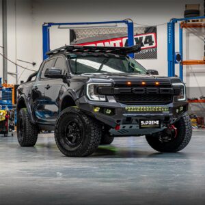 next gen ranger bull bar, front bar, front bumper bar, supreme x-series front bar for Ford Next GEN Ranger with light bar, cube lights, indicator, fog lights, bash plate, recovery points, winch compatible full bumper replacement Colour Coded