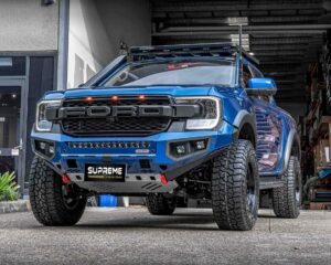next gen ranger bull bar, front bar, front bumper bar, supreme x-series front bar for Ford Next GEN Ranger with light bar, cube lights, indicator, fog lights, bash plate, recovery points, winch compatible full bumper replacement Colour Coded