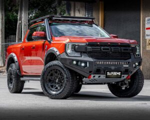 next gen ranger bull bar, front bar, front bumper bar, supreme x-series front bar for ford next gen ranger wildtrak everest with light bar, cube lights, indicator, fog lights, bash plate, recovery points, winch compatible full bumper replacement