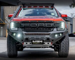 next gen ranger bull bar, front bar, front bumper bar, supreme x-series front bar for ford next gen ranger wildtrak everest with light bar, cube lights, indicator, fog lights, bash plate, recovery points, winch compatible full bumper replacement
