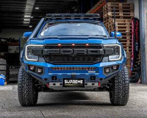 next gen ranger bull bar, front bar, front bumper bar, supreme x-series front bar for Ford Next GEN Ranger with light bar, cube lights, indicator, fog lights, bash plate, recovery points, winch compatible full bumper replacement Colour Coded