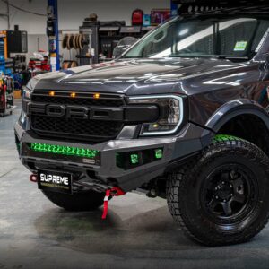 next gen ranger bull bar, front bar, front bumper bar, supreme x-series front bar for Ford Next GEN Ranger with light bar, cube lights, indicator, fog lights, bash plate, recovery points, winch compatible full bumper replacement Colour Coded