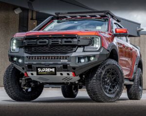 next gen ranger bull bar, front bar, front bumper bar, supreme x-series front bar for ford next gen ranger wildtrak everest with light bar, cube lights, indicator, fog lights, bash plate, recovery points, winch compatible full bumper replacement