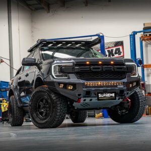 next gen ranger bull bar, front bar, front bumper bar, supreme x-series front bar for Ford Next GEN Ranger with light bar, cube lights, indicator, fog lights, bash plate, recovery points, winch compatible full bumper replacement Colour Coded