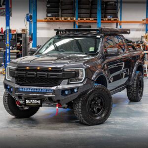 next gen ranger bull bar, front bar, front bumper bar, supreme x-series front bar for Ford Next GEN Ranger with light bar, cube lights, indicator, fog lights, bash plate, recovery points, winch compatible full bumper replacement Colour Coded