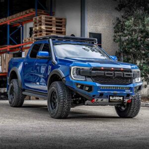 next gen ranger bull bar, front bar, front bumper bar, supreme x-series front bar for Ford Next GEN Ranger with light bar, cube lights, indicator, fog lights, bash plate, recovery points, winch compatible full bumper replacement Colour Coded