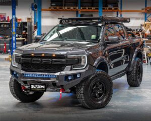 next gen ranger bull bar, front bar, front bumper bar, supreme x-series front bar for Ford Next GEN Ranger with light bar, cube lights, indicator, fog lights, bash plate, recovery points, winch compatible full bumper replacement Colour Coded