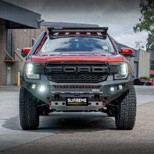 next gen ranger bull bar, front bar, front bumper bar, supreme x-series front bar for ford next gen ranger wildtrak everest with light bar, cube lights, indicator, fog lights, bash plate, recovery points, winch compatible full bumper replacement