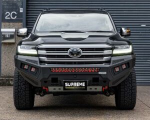 land cruiser 300 bull bar, front bar, front bumper bar, supreme x-series front bar for toyota land cruiser 300 series lc300 with light bar, cube lights, indicator, fog lights, bash plate, recovery points, winch compatible full bumper replacement