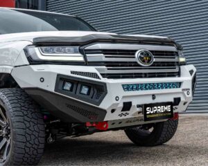 land cruiser 300 bull bar, front bar, front bumper bar, supreme x-series front bar for toyota land cruiser 300 series lc300 with light bar, cube lights, indicator, fog lights, bash plate, recovery points, winch compatible full bumper replacement