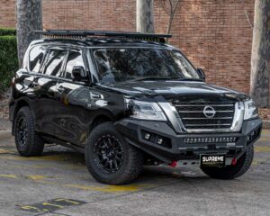 patrol bull bar, front bar, front bumper bar, supreme x-series front bar for Nissan Patrol Y62 Series 5 with light bar, cube lights, indicator, fog lights, bash plate, recovery points, winch compatible full bumper replacement