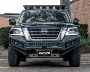 patrol bull bar, front bar, front bumper bar, supreme x-series front bar for Nissan Patrol Y62 Series 5 with light bar, cube lights, indicator, fog lights, bash plate, recovery points, winch compatible full bumper replacement