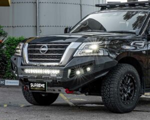 patrol bull bar, front bar, front bumper bar, supreme x-series front bar for Nissan Patrol Y62 Series 5 with light bar, cube lights, indicator, fog lights, bash plate, recovery points, winch compatible full bumper replacement