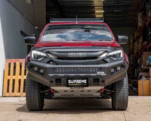 dmax bull bar 2024, front bar my24, front bumper bar, supreme x-series front bar for New Isuzu DMAX 2024 MY24 with light bar, cube lights, indicator, fog lights, bash plate, recovery points, winch compatible full bumper replacement