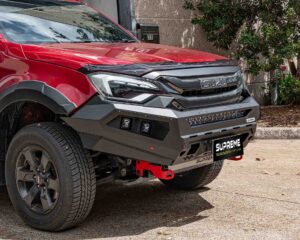 dmax bull bar 2024, front bar my24, front bumper bar, supreme x-series front bar for New Isuzu DMAX 2024 MY24 with light bar, cube lights, indicator, fog lights, bash plate, recovery points, winch compatible full bumper replacement