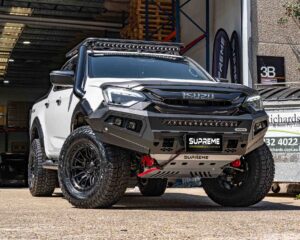 dmax bull bar 2024, front bar my24, front bumper bar, supreme x-series front bar for New Isuzu DMAX 2024 MY24 with light bar, cube lights, indicator, fog lights, bash plate, recovery points, winch compatible full bumper replacement