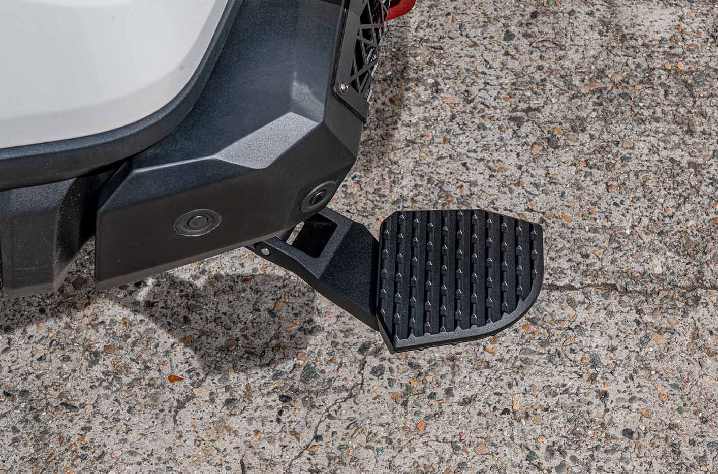 Supreme Electric Rear Step fully deployed, showing anti-slip surface for easy tub access